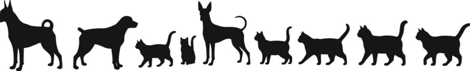 Silhouettes of dogs and cats, pet animal shapes, domestic pets comparison, dog breeds, cat postures, black animal outlines