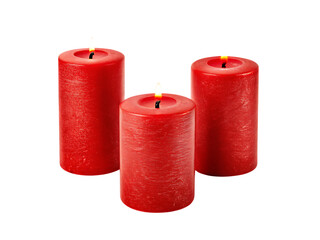 Three red pillar candles burning isolated on a transparent background