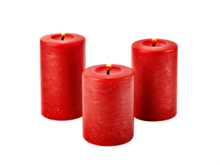 Three red pillar candles burning isolated on a transparent background