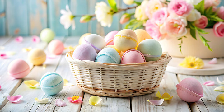 A charming easter scene with a basket overflowing with colorful pastel bath bombs, surrounded by scattered eggs and delicate flowers on a rustic wooden table - Powered by Adobe