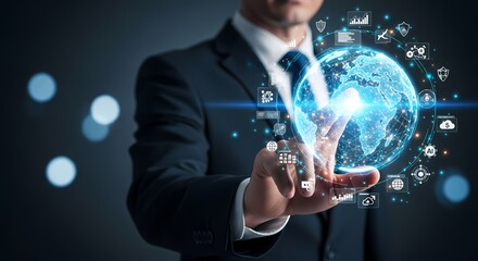 Businessman touching digital globe with technology icons illustration