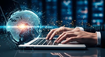 Global network connection hands typing on laptop digital illustration