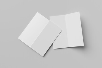 Plain white bi-fold brochure mockup from front and back isolated on light grey background