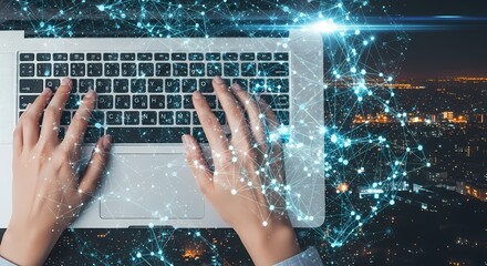Hands typing on laptop with network connection overlay