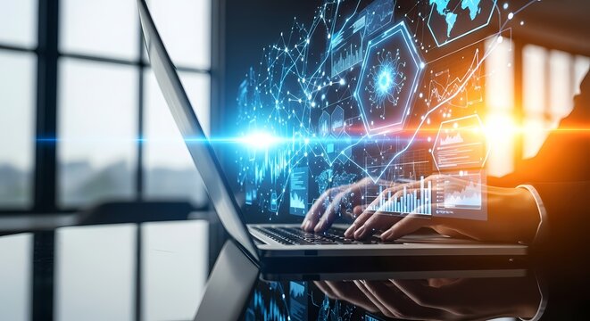 Laptop with data analysis interface digital illustration