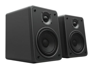 Black rectangular audio speakers with dual drivers. Cut out PNG