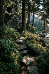 A lush green rainforest with mossy rocks and a clear stream flowing through a sun-dappled forest path