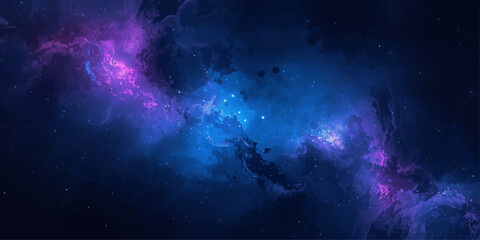 A vibrant abstract blue space with glowing particles, stars, and a nebula in the dark night sky