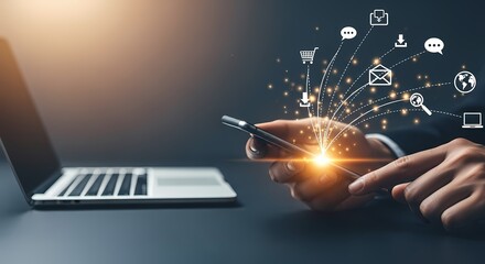 Smartphone with digital icons and laptop technology concept