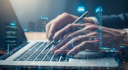 Business person working on laptop in city at night