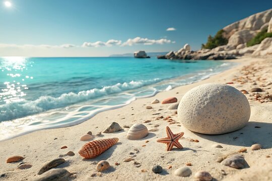 Sandy shore with turquoise ocean and scattered seashells beach starfish