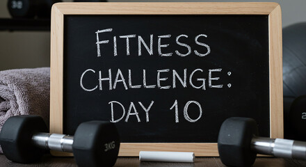 Fitness challenge day 10 with dumbbells and towel on table  