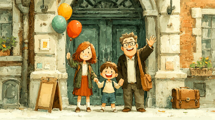 Smiling family with colorful balloons waving goodbye while standing in front of their house, ready for a new adventure