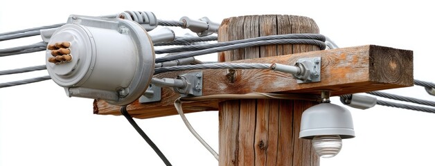 Electric pole with intricate wiring and street lights against a bright sky, providing connectivity and illumination in an urban environment
