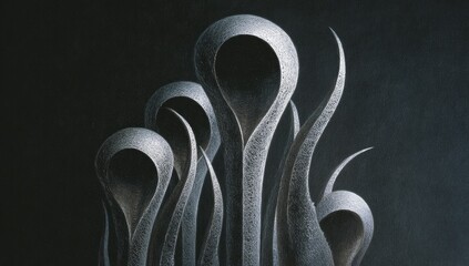 Abstract sculptural forms resembling a cluster of stylized plants or metal tendrils.