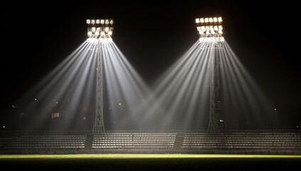 Stadium lights illuminate empty stands at night