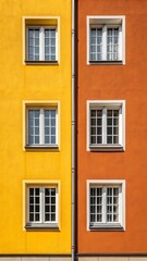 Fototapeta premium Juxtaposition of Yellow and Orange Building Facades with Six White Windows