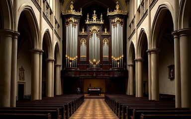 Fototapeta premium Grand Organ with Gold Accents in Dark Gothic Cathedral. High quality