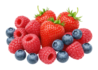 Fresh strawberries, raspberries, and blueberries in a vibrant fruit medley. Cut out PNG