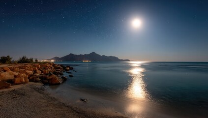 Moonlight bathed Mediterranean coast at night. Stars twinkle above a tranquil sea. Rocky shoreline meets sandy beach, hills rise in the distance