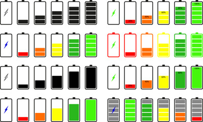 Battery Level Icons Set - Charging and Energy Status Vector Pack.