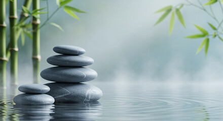 Obraz premium Serene Stacked Stones and Bamboo in Tranquil Water Scene