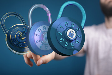 Cybersecurity concept. 3D rendering of combination locks. Data protection.