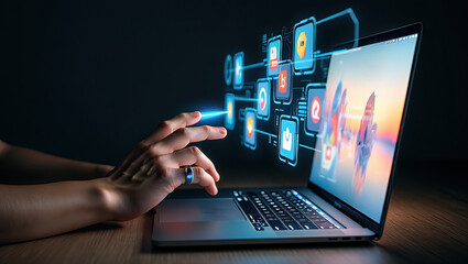 Navigating the Digital Frontier A Person's Hand Interacting with a Laptop Display Showcasing a Network of Application Icons in a Modern Technological Setting