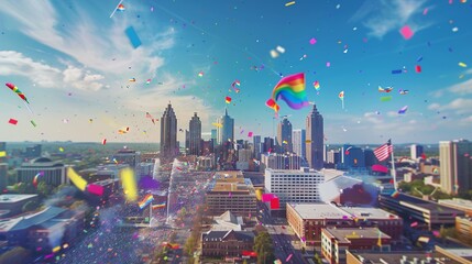 Atlanta Pride Celebration: Rainbow Flag & Confetti Over City Skyline