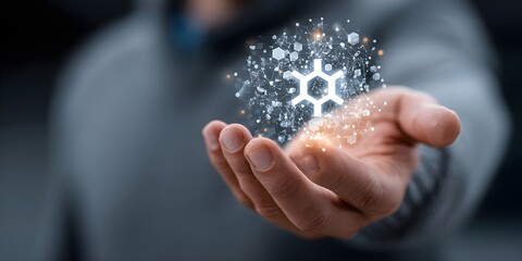 IT Consulting. Businessman holds digital consulting network connecting icon representing IT solutions, focusing on innovation, strategy, optimization, growth, and technology-driven success