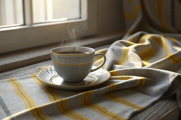 Fototapeta premium Steaming coffee cup on striped cloth by window saucer hot beverage