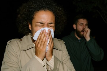 Sneezing outdoors at night discomfort.