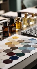 A workspace displays perfume bottles, color swatches, and a keyboard