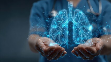 Advanced Pulmonology: Doctor Cradles a Luminous Digital Lung Network.