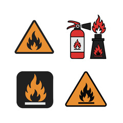 Fire safety and hazard warning icon set. Collection of flammable symbols, emergency signs, and a fire extinguisher illustration.