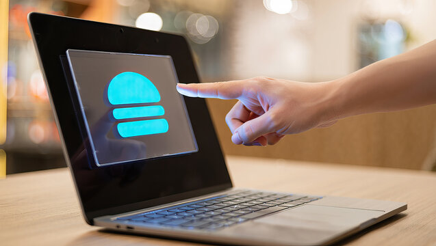 Interactive Food Ordering Interface on Laptop Display, User Tapping a Burger Icon, Showcasing Digital Convenience and Modern Food Service Technology