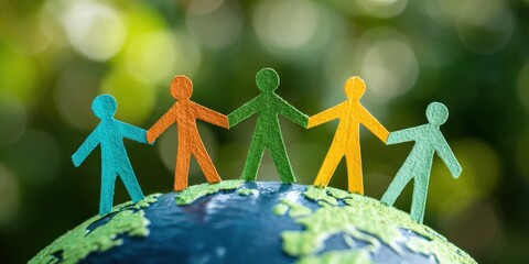 Group of diverse people holding hands, standing on top of the Earth with a green bokeh nature background. Unity and global connection for World People's Day. Paper figures representing human diversity