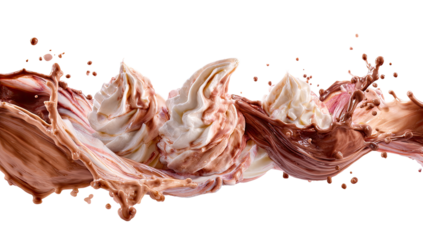 Whipped cream and chocolate ice cream swirls in a dynamic splash