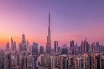 Fototapeta premium Aerial cityscape at sunset. Modern skyscrapers dominate the skyline