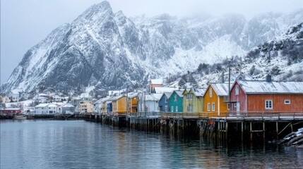 Northern fishing village with colorful wooden homes lining the bay, snowy mountains beyond