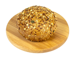 Artisan Multigrain Loaf with Seeds on Round Wooden Board, Front View PNG