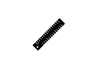 A black ruler with measurement markings and a hole on a white background in a simple graphic design