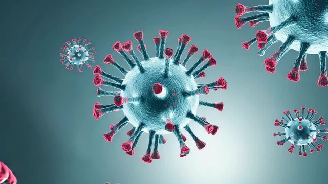 Microscopic view of blue coronavirus cells with red spikes floating against a light blue gradient background.