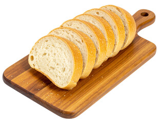Partially Sliced Baguette Loaf on Rectangular Cutting Board, Side Angle PNG
