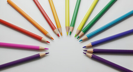Fototapeta premium Top-down view of colored pencils arranged in a perfect rainbow arc on a white background. 