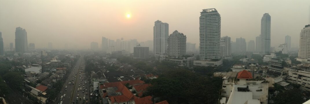 Urban Skyline at Dusk Showcasing Hazy Atmosphere Over a Busy Cityscape With Tall Buildings and a Setting Sun