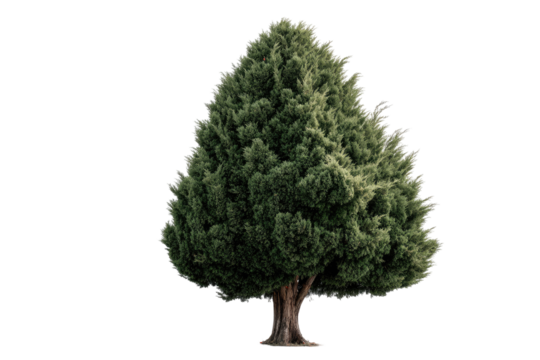 Full shot of a conifer tree. Lush green foliage forms a pyramid shape, tapering from a wide base to a point.  Dark-toned trunk and branches visible.  Isolated against a black background