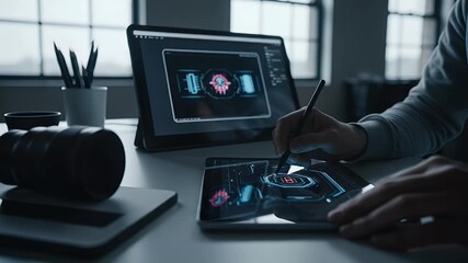 Digital designer working on futuristic interface design - Powered by Adobe
