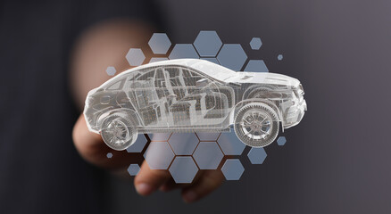 Futuristic car model visualization. Innovative automotive technology concept.