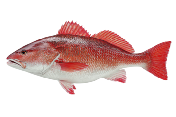 Redfish, whole, profile view.  Bright red fins, scales, and tail.  Off-white belly.  Sharp, defined edges.  Black background